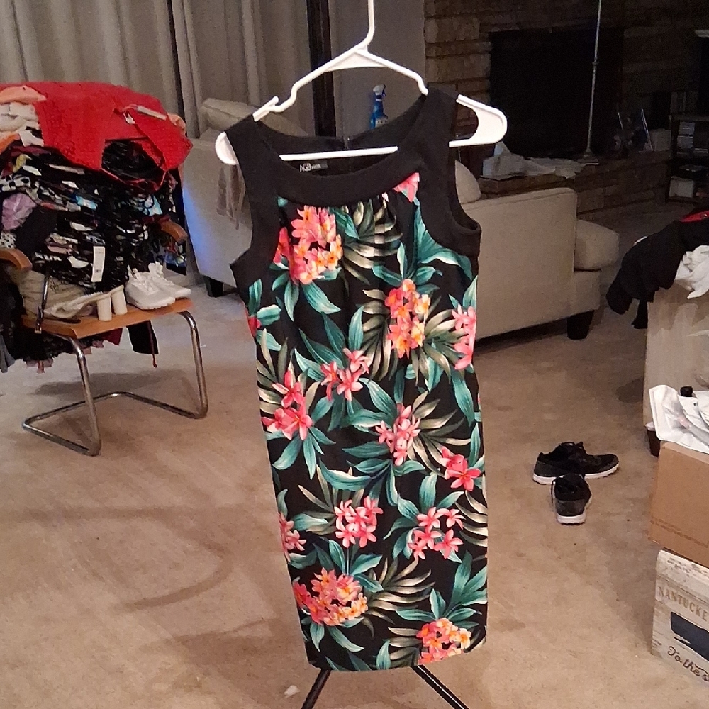 AGB Black and Pink Floral Midi Dress